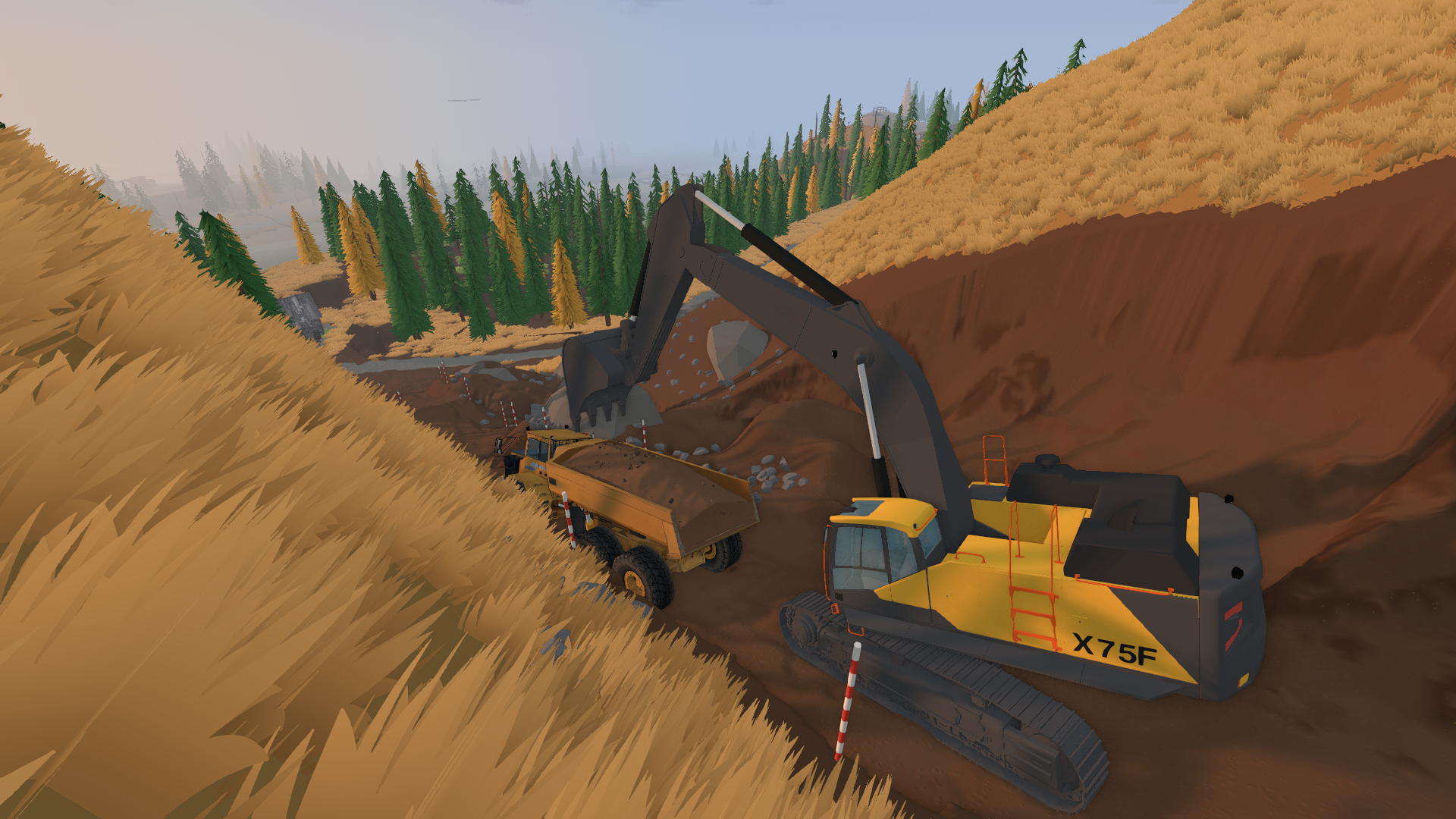 An excavator loads a dump truck in a hillside excavation